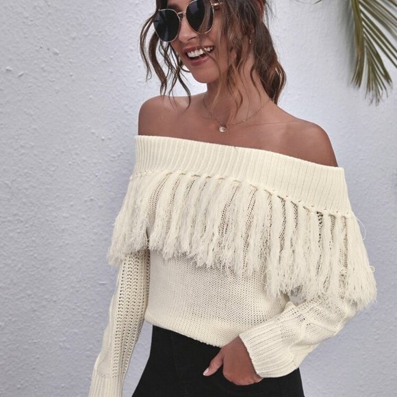 BOHO FRINGE Off Shoulder Sweater - Picture 1 of 6
